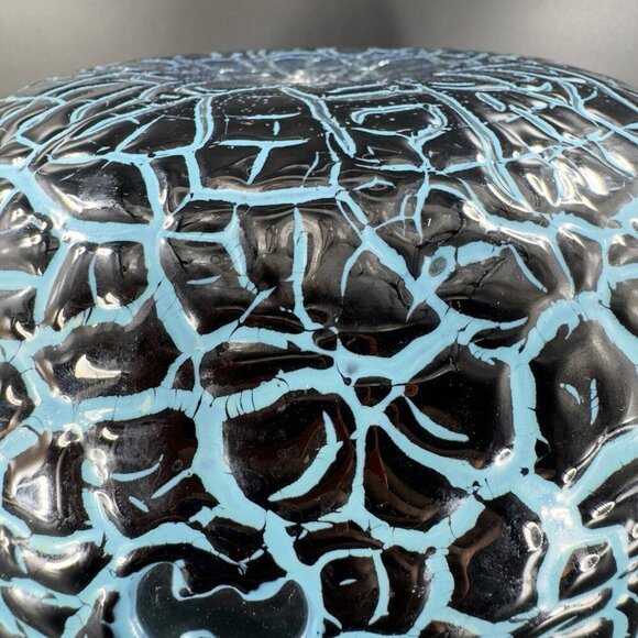 1987 Hand Blown Art Glass Large Bowl Dish Lava Glaze Finish Blue Black Signed - Picture 7 of 16